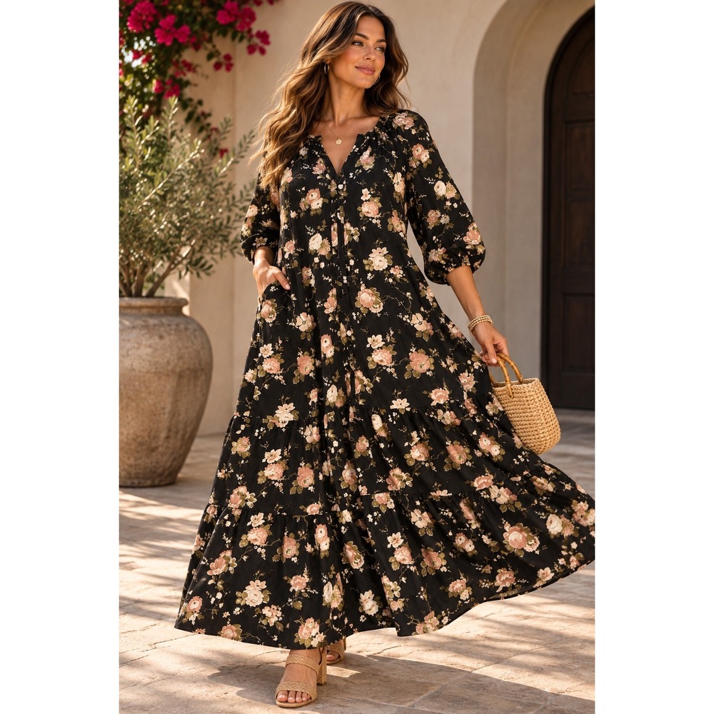 Tuckernuck Black Floral Tiered Maxi Dress XL Puff Sleeve Pockets Boho Romantic - Picture 2 of 9